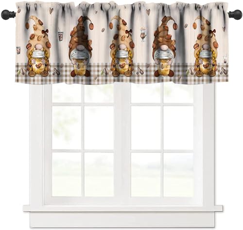 Llylumty Coffee Gnome Kitchen Valance for Windows Coffee Beans Cups Cakes with Brown Plaid Rod Pocket Kitchen Valance for Living Room Cafe Window Treatment 54x18 Inch