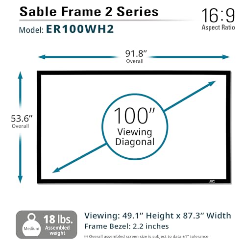 Image of Elite Screens 100 Inch Projector Screen Diag16:9, Active 3D 4K Ultra HD ISF Material Fixed Frame Home Theater Movie Office Presentations Indoor Front Projection Screen, Sable Frame 2 Series, ER100WH2