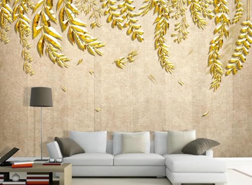 Papel Pintado Pared 3D Hojas Doradas Metálicas Fotomurales 3D Papel Tapiz Moderno Murales Dormitorio -ZX24801-350x250cm
