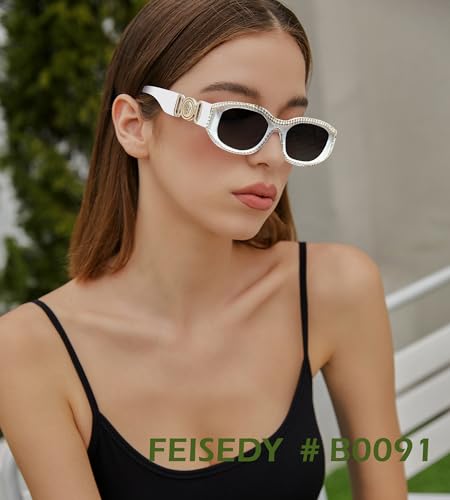 FEISEDY Rectangle Rhinestone Sunglasses for Women Men Bling Jeweled Retro Square Sunglasses 90s Vintage Shades B00912
