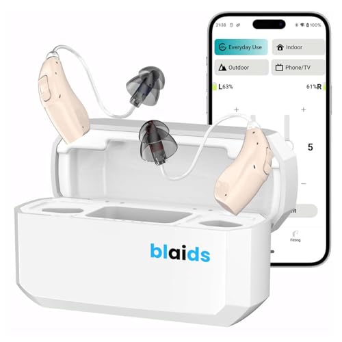 Blaids Neuro Rechargeable RIC Programmable Hearing Aids for Seniors and Adults, Audiogram with Bluetooth Mobile App Hearing Test Audiogram & Noise Cancellation, Dual Mic & 48 DSP Channels | USA-Made Multi-Core Processor