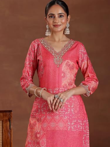 Image of Libas Womens Printed Linen Straight Kurta With Trousers and Dupatta | daily wear suit