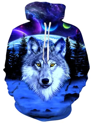 Fanient Felpa con Cappuccio 3D Cool Blue Wolf Stampato Pullover