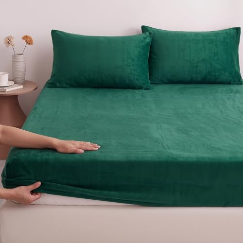 Image of BSB HOME 280 GSM Warm Plush Fitted Bedsheet, Soft Cozy Stretchable Mattress Sheet with Elastic Fitted Corners, Comfortable Winter Bedding for Double Bed, 72 x 78 + 8 Inches(183x198+20 cm) - Jade Green