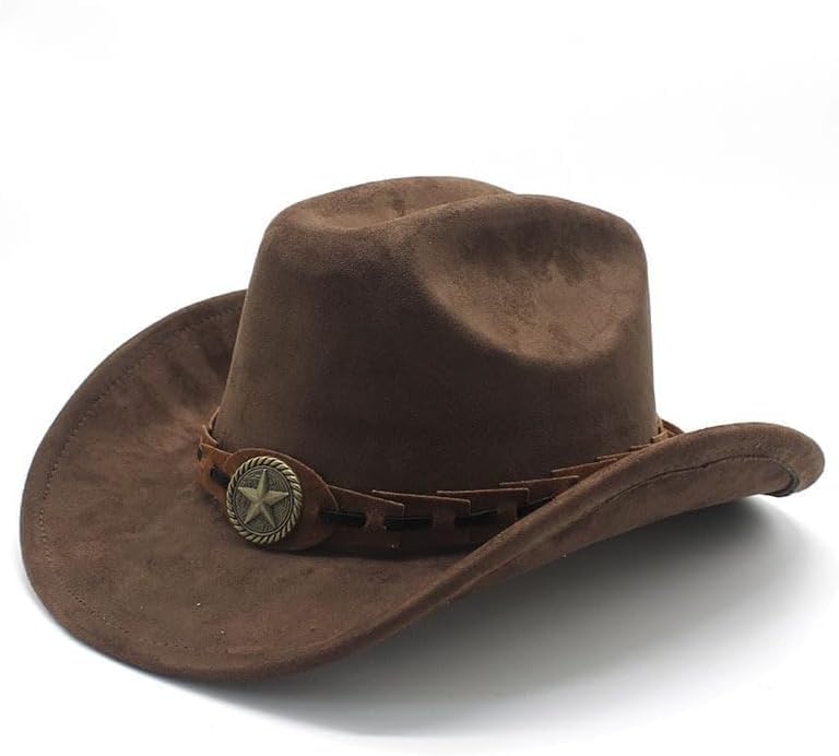 Wide Brim Cowboy Hat for Men Women Faux Suede Western Leather Cowboy Cowgirl Hat Stylish Adjustable Fedora Cowboy Outdoor Hat Brown
