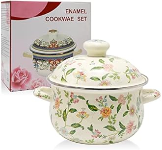 VIKKSAER 2.8 Qt Vintage Enamel Simmer Pot, Green Floral Enamel Stock Pot, Deep Vintage Cookware With Dural Handle for Stove Top, Ideal for 1-3 People
