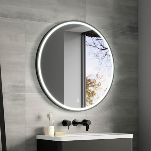 Pebble Grey Illuminated Round Bathroom Mirror with LED Lights 800mm IP44 Rated - Kali 3-Colour Dimmable Black Framed Wall-Mounted LED Bathroom Mirror with Lights, Demister Pad, Touch Sensor Switch