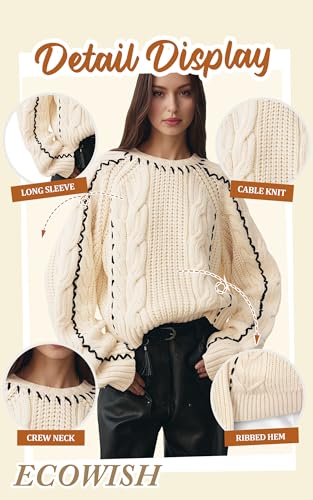 ECOWISH Oversized Sweaters for Women Fall Winter Cable Knit Chunky Color Block Tops Jumper Long Sleeve Crewneck Pullover 20253