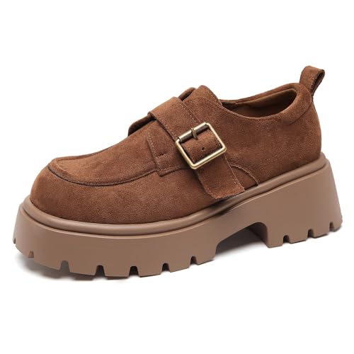 Image of Women's Chunky Heel Platform Loafers, Suede Penny Loafers Slip On Comfort Casual Business Shoes