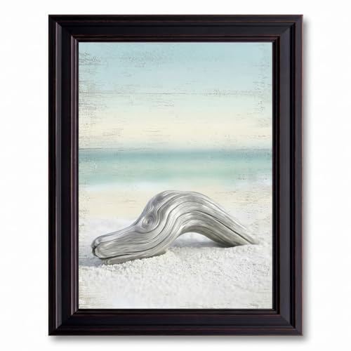 Framed Coastal Driftwood Canvas Wall Art Minimalist Ocean Tones Silver Gray Weathered Texture Print Vintage Frame Decor for Beach House Living Room Bedroom - 16x20