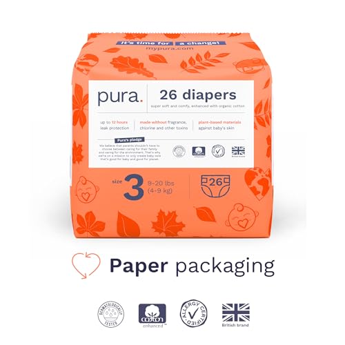 Image of Pura Hypoallergenic Diapers, Size 3 (9-20 lbs) Monthly Pack, Overnight, up to 12 Hours Leak Protection, Suitable for Sensitive Skin, TCF, Super Soft Organic Cotton, 6 Packs of 26 (156 Baby Diapers)