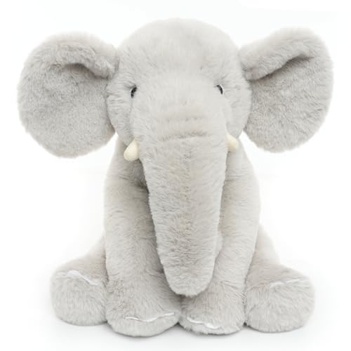 WEIGEDU Plüsch Elefant 33 cm Weiches Kuscheltier in Hellgrau mit großem Rüssel & Ohren Sitzendes Stofftier für Kinder & Deko