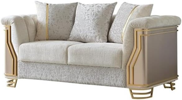 Pemberly Row 2 Piece Living Room Set, Cream Microfiber Upholstery, Gold Steel Legs, Engineered Wood Frames, Sofa and Loveseat with Pocket Coil Cushions, Modern Style for Elegant Living Rooms