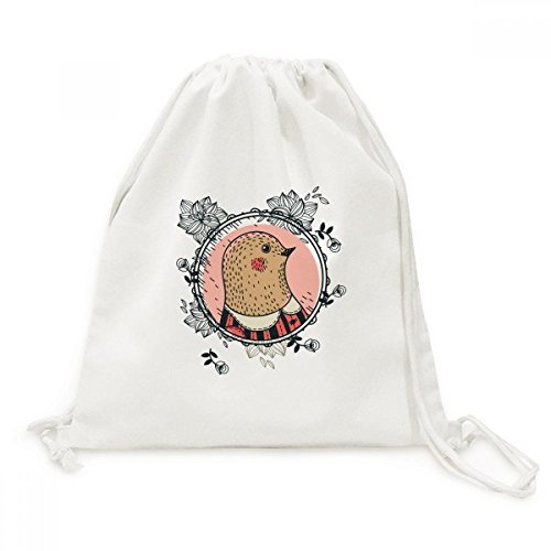 Sac cordon toile souple avec motif dessin animé oiseau et fleurs sauvages