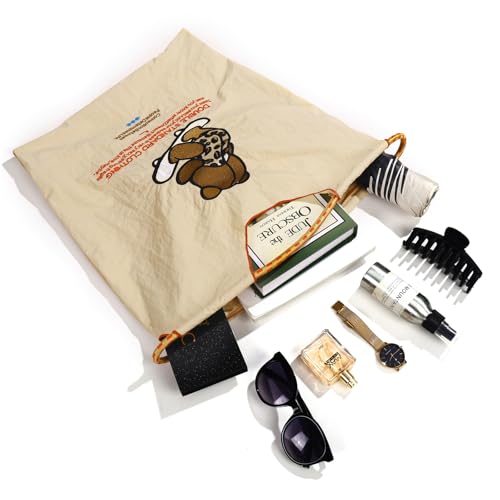 Women's fashion handbag embroidered skateboard bear nylon handbag designed for travel, beach, and birthday shopping bags (Skateboard Bear-beige-004)4