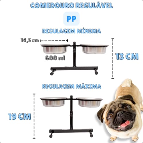 Comedouro Duplo Elevado PP MINI Preto 600ml Alto Pote Ajustável Regulável Para Cachorro