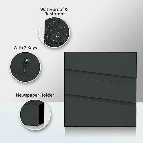 Image of Wall-Mount Mailbox with Lock and Keys, Drop Box for House Outside, Locking Security, Rust-Proof Mail Box with Newspaper Compartment, 14.57 x 14.57 x 4.33 Inch, Dark Grey, MD021 X-Large
