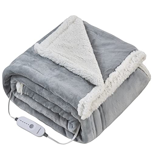 Maple&Stone Heated Blanket Electric Throw Soft Flannel Sherpa Fast Heating Electric Blanket,5 Heat Settings Heating Blanket & 3 Hours Auto-Off Timing Settings,Machine Washable(50 x 60 inchesï¼ŒGrey)