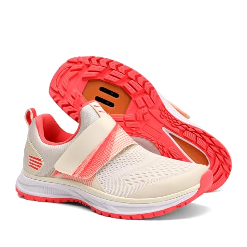 Pairobin Womens Indoor and Outdoor Cycling Shoes - Comfortable and Breathable - Compatible with SPD Cleats Beige-Pink