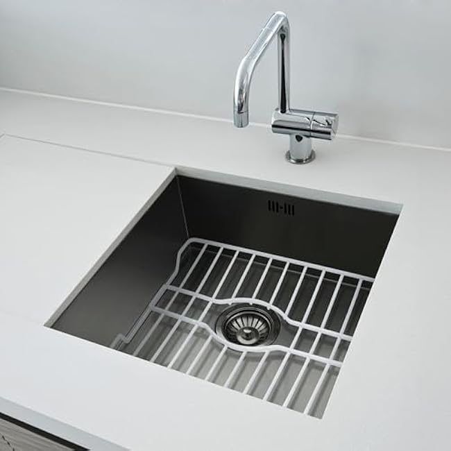 DecorRack Sink Protector for Kitchen Sink, 12 x 10 Metal Dish Drying Rack, Sink Grate with Center Drain, Protects from Stains, Scratches, Dishwasher Safe, Standard Size (1 Pack, White)