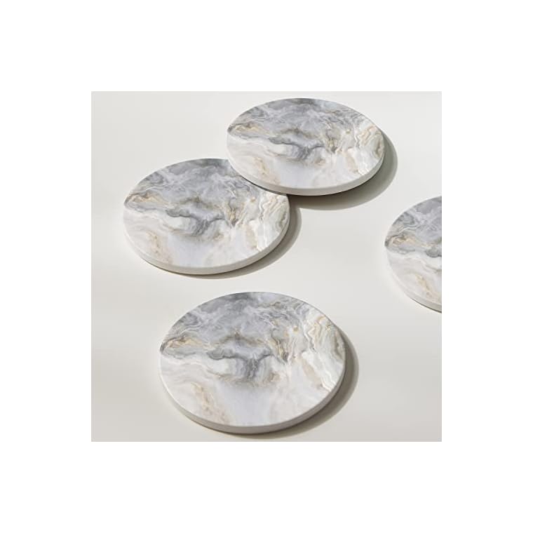 Hoomey Set of 6 Abstract Gray White Marble Coasters with Holder, Absorbent Ceramic Coasters for Drinks, Coasters with Cork Backing for Table Protection, Housewarming Gifts for New Home - Image 6