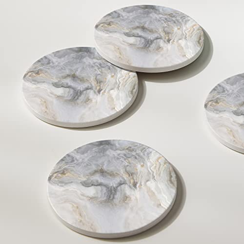 Image of Set of 6 Abstract Gray White Marble Coasters with Holder, Absorbent Ceramic Coasters for Drinks, Coasters with Cork Backing for Table Protection, Housewarming Gifts for New Home