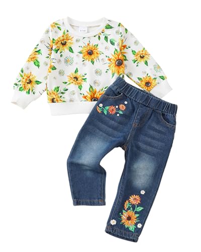 Image of Kucnuzki Toddler Baby Girl Clothes Long Sleeve Hoodie Crewneck Sweatshirt Denim Jeans Pants Fall Winter Baby Girl Outfit