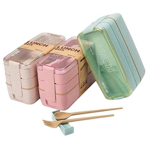 Rarapop 3 Pack Stackable Bento Box Japanese Lunch Box Kit with Spoon & Fork, 3-In-1 Compartment Wheat Straw Meal Prep Containers for Kids & Adults (Green/Pink/Beige)