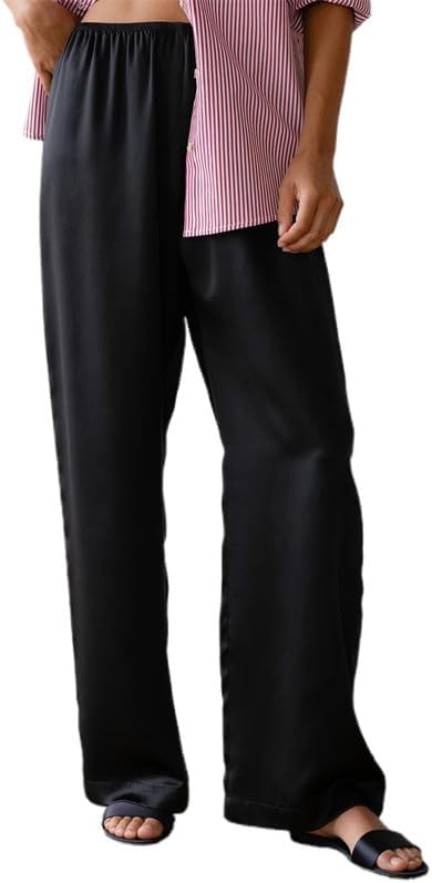 Women's Silky Satin Pajama Pants Lace Trim Wide Leg Loungewear Bottoms Elastic Waist Drawstring Casual Sleep Trousers