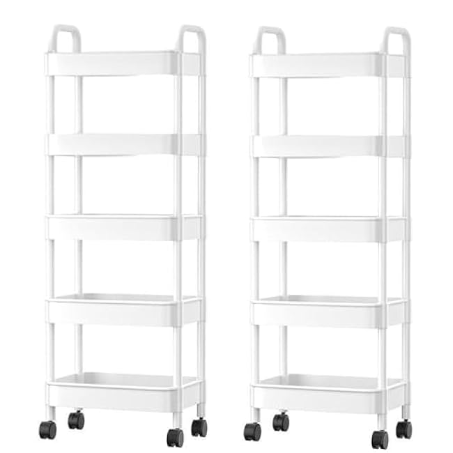 2PCS 5-Tier Plastic Rolling Cart with Handle,Utility Cart on Wheels,Kitchen Cart,Rolling Storage Cart,Multifunctional Storage Organizer for Office,Bathroom,Living Room,Kitchen (2-White)-9GCQxHVa