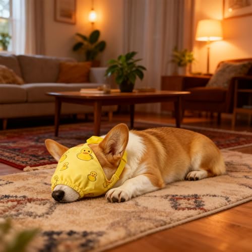 Image of NACOCO Dog Calming Cap Eye Mask Ducks Nylon Shading Pet Anxiety Mask Muzzle for Grooming Anti Car Sickness (Yellow, M)