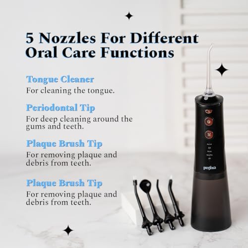 Image of Perfora Smart Water Dental Flosser - 300ml | 2 Year Warranty | 5 Water Pressure Settings & 5 Nozzles, 1500mAh Battery | Rechargeable Dental Floss for Teeth Oral Care, IPX7 Waterproof (Black Gold)