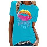 T Shirt mit Lippen Damen T-Shirt Bluse Sommer Kurzarm Oberteile Top Bunt Bedruckt Rundhals Shirt Tunika Casual Print Tee Tshirt Tops