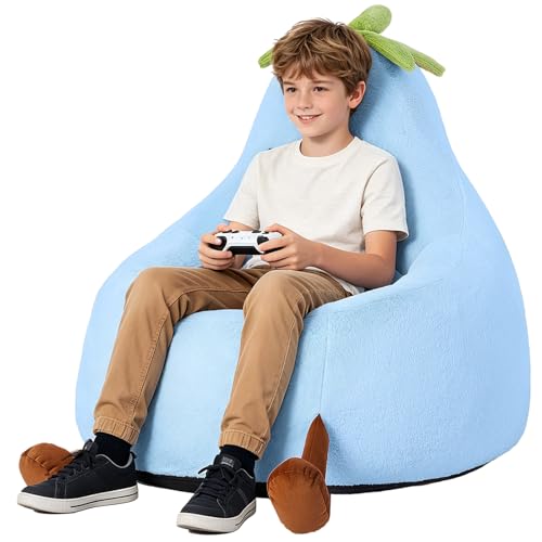 Image of 31 Inches Memory Foam Bean Bag Chair - Ultra Soft Faux Rabbit Fur Round Sofa with Handle & Machine Washable Cover, Comfy Chair for Kids Teens, Perfect for Reading Gaming in Living Room Bedroom,Blue