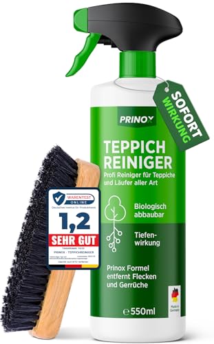 PRINOX Profi Teppichreiniger 550ml - Teppichboden Reiniger inkl. Teppich Bürste, schäumend für alle Teppiche - Teppich Reinigungsmittel & Fleckenentferner aus Deutschland