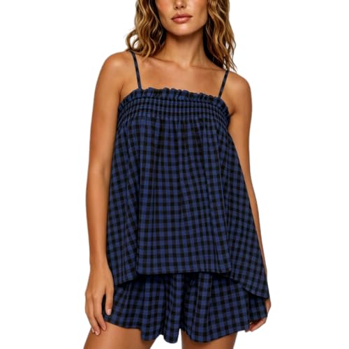 Image of Yuemengxuan Women 2 Piece Casual Lounge Set Sleeveless Strappy Tie Back Cami Top Wide Leg Shorts 2Pcs Summer Pj Set Beachwear