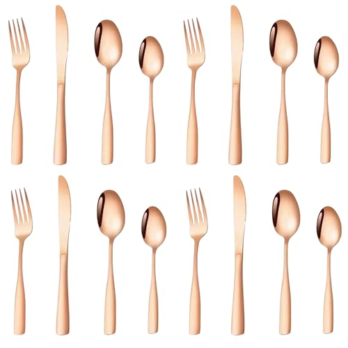 Image of aDai Rosegold Silverware Set, Satin Finish | 16-Piece Stainless Steel Flatware Set | Dishwasher Safe Kitchen Cutlery for Home, Restaurant & Gifting