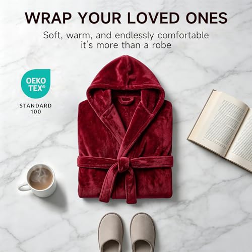 Lagtew Womens Robe Hooded Plush Warm Fluffy Bathrobe BURGUNDY L/XL - Image 2