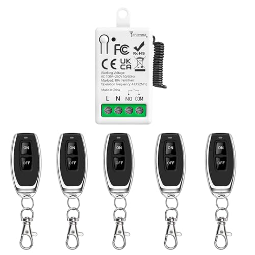 Tedeligo 433Mhz Commutateur De Télécommande sans Fil AC 220V 230V 1 Canal Module Récepteur De Relais avec 5 Émetteur, Contrôleur De Contact Sec...