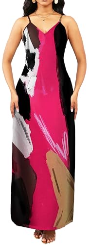 Image of Long Maxi Dresses for Women Sexy Adjustable Spaghetti Strap Floral Beach Summer Dress Casual Sundress with Pockets(Small) Rose Black