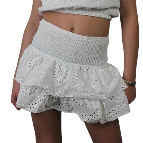 Women's Layered Ruffle Mini Skirt High Waist Flower Hollow Short Skirt Vintage Cottagecore