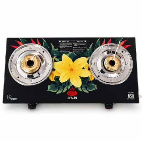 Image of 2 Burner Digital Glass Top Gas Stove | Manual Ignition | Floral Crystal Design | ISI Certified | High Efficiency Burners | Durable & Easy Clean Modern Kitchen Stove