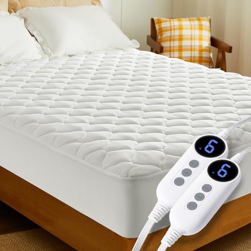 HYLEORY Heated Mattress Pad King Size Dual Control, Fast Heating Bed Warmer, Electric Mattress Pad Cover with Deep Pocket 9 Heat Settings, 10 H Auto Shut Off, Machine Washable, White 78