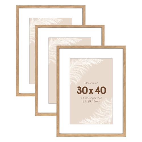 Wackadoo Bilderrahmen 3er Set 30x40 cm Eiche Fotowand Fotorahmen mit Glas Picture frame Holz mit Passepartout 21x30 DIN A4 (21x29,7)