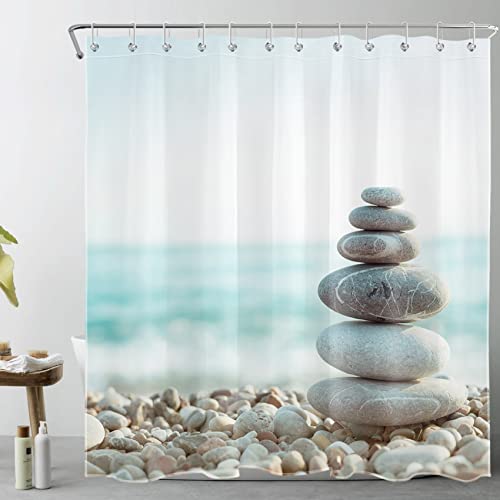 Lb Zen Stone Shower Curtain Teal Ocean Wave Shower Curtain Set Pebble On Beach Shower Curtains For Bathroom Waterproof Washable Fabric With Hooks,72X72 Inch #TOP21