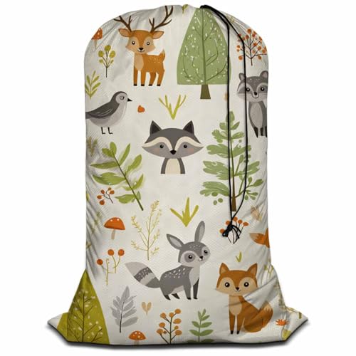 Swono Woodland Animals Laundry Bag with Strap Machine Washable Large Dirty Clothes Organizer Trees Mushrooms Berries Rabbit Owl Easy Fit Laundry Hamper or Basket, Carry Up to 4 Loads of Laundry