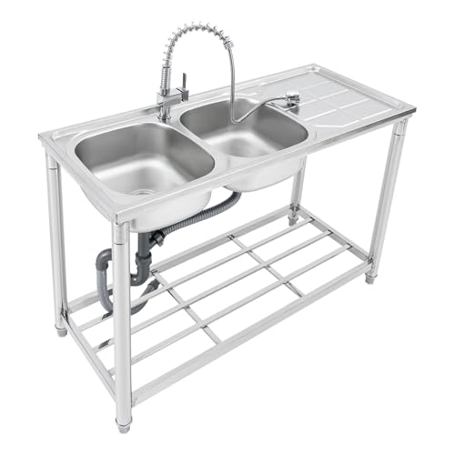 Fregadero de restaurante comercial, fregadero de acero inoxidable con doble lavabo, grifo extensible, fregadero de cocina, independiente, superficie de trabajo grande con estante, 120 x 50 x 80 cm