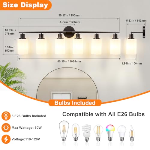 Image of DLLT 6-Light Bathroom Light Fixtures: Black Modern Vanity Lights with E26 Bulbs - Milky White Glass Shade Bathroom Wall Lamp for Mirror Kitchen Living Room Hallway Cabinet Porch