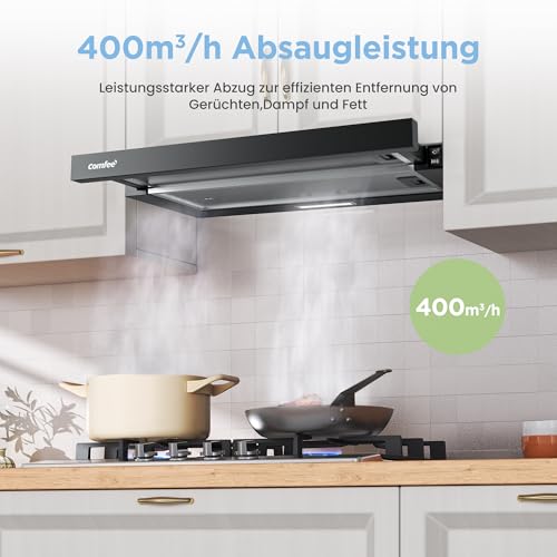 COMFEE' CHL03M21B Flachschirmhaube Dunstabzugshaube 60cm Umluft, 400 m³/h Luftstrom, Dunstabzug Unterbau Integrierte Einbau Flach Abluft Abzugshaube, Schwarz