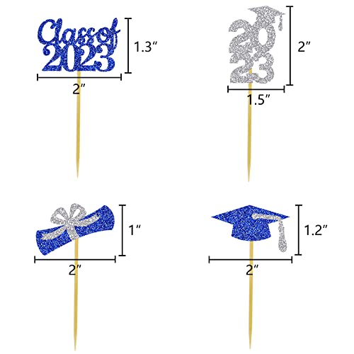 Graduation Cake Topper Congrats Grad Cupcake Toppers Kindergarten High School College University Glitter Decoration Blue Silver #TOP2